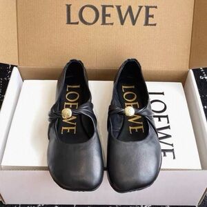 Loewe Black Leather Knot-Detail Mary Jane Flats with Gold Button